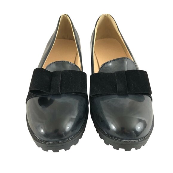 Womens Slip On Loafers Rockabilly Retro Faux Leather Bow Black 38 US Size 7 - Picture 2 of 4